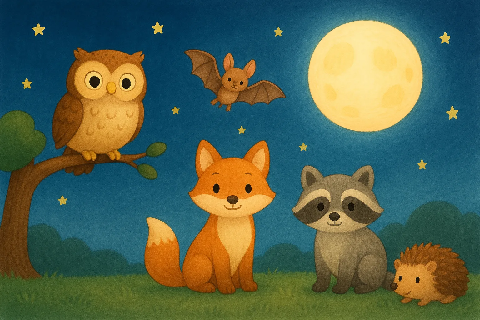 A moonlit night scene with an owl, a bat, a fox, a raccoon, and a hedgehog
