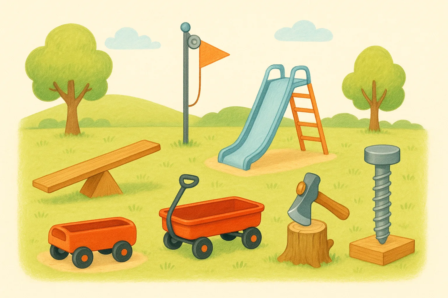 A playground scene with a seesaw, a wagon, a flagpole pulley, a ramp, a wedge splitting a log, and a big screw