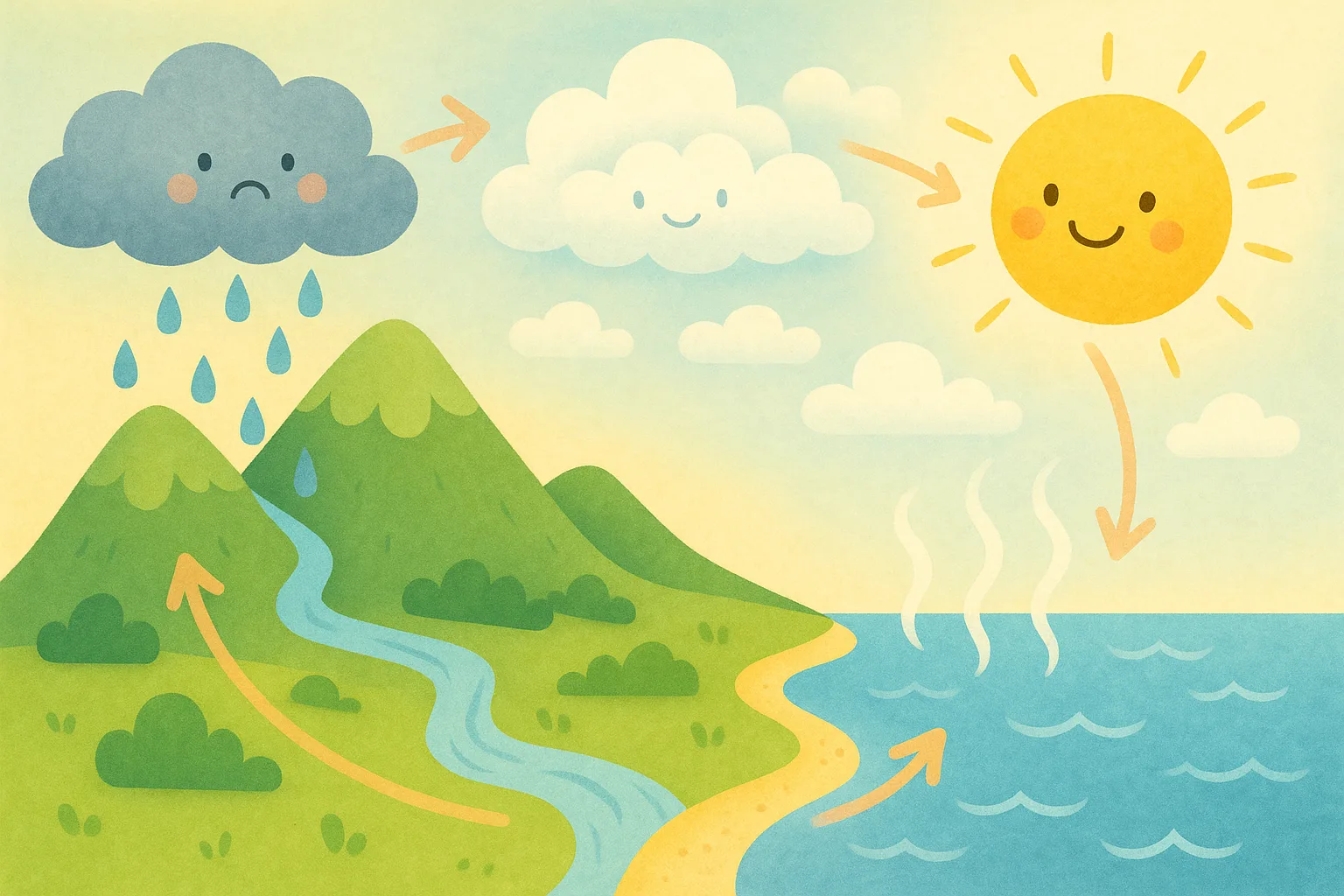 The water cycle: the sun warms the ocean, clouds form, rain falls on mountains, and rivers carry water back to the sea