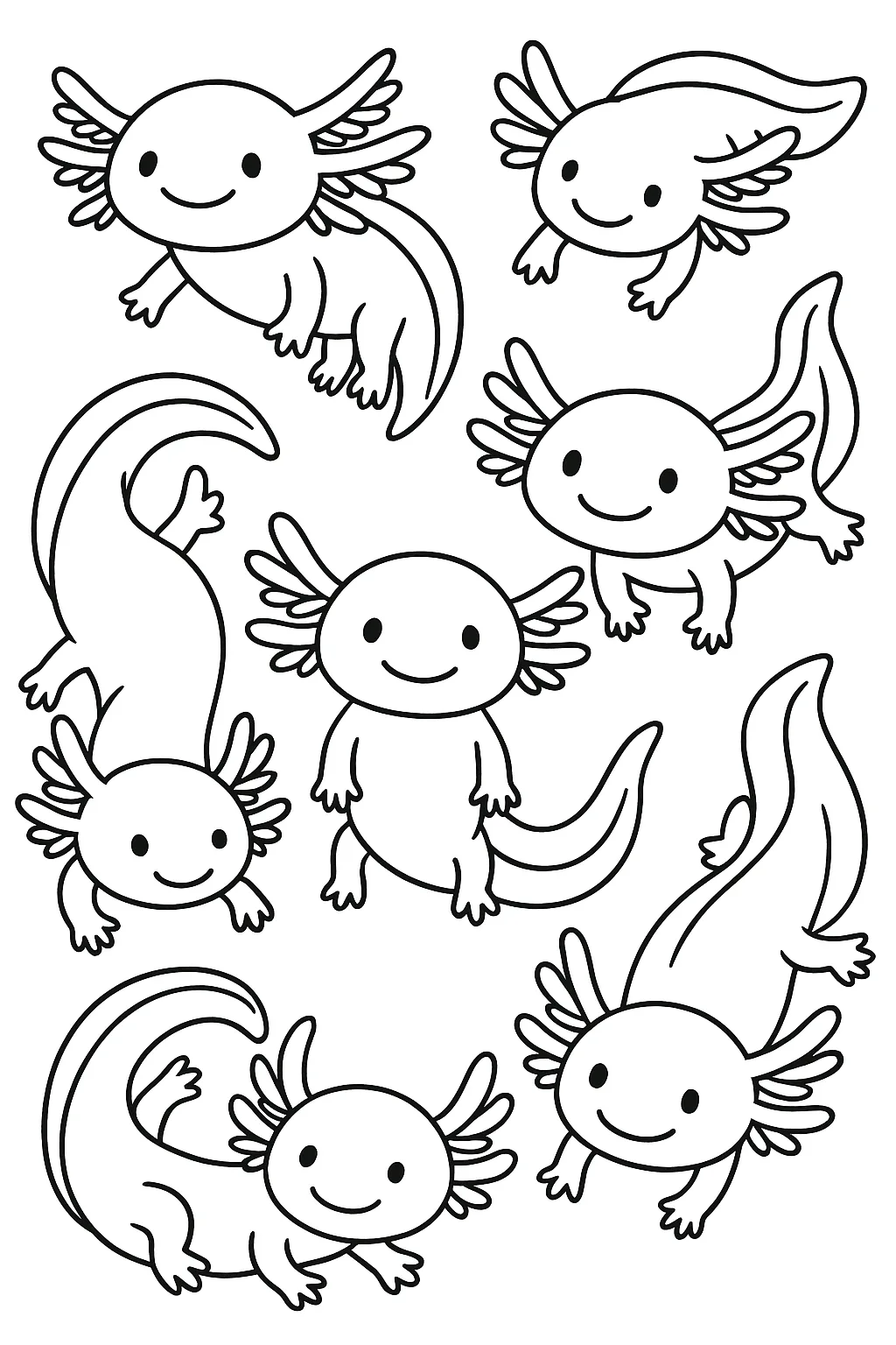 A group of cute axolotls swimming together with bubbles and water plants