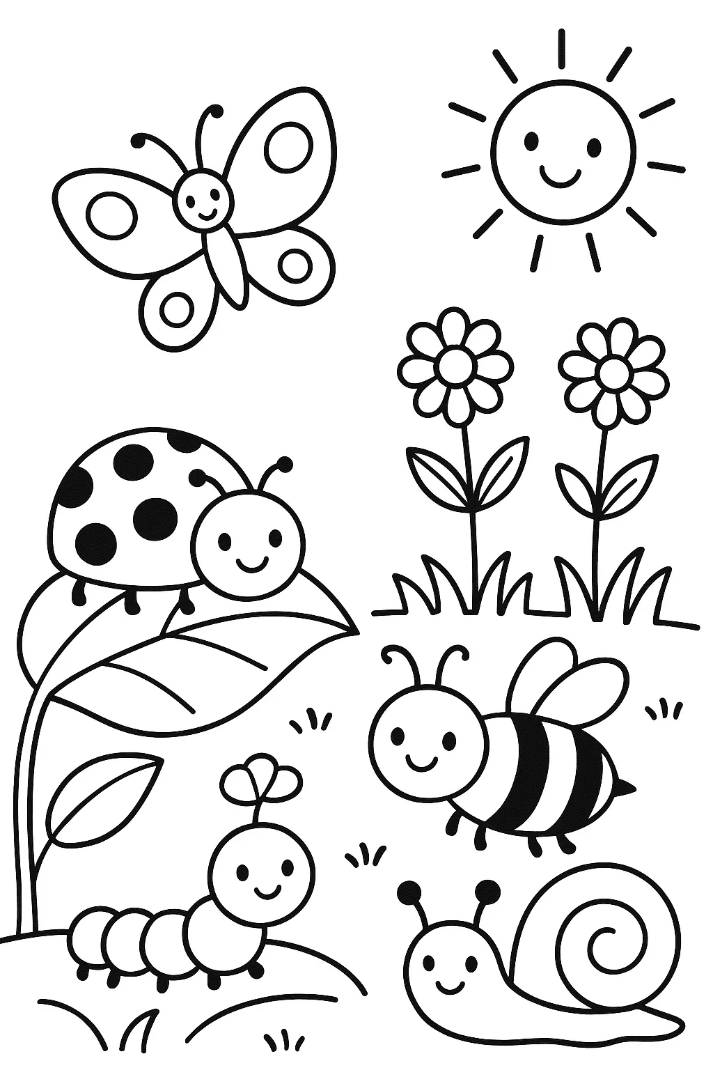 A garden full of friendly bugs: a butterfly, bee, ladybug, caterpillar, and snail