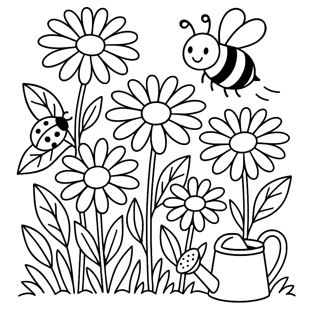 Large daisy flowers with a friendly bee, daisy garden coloring page