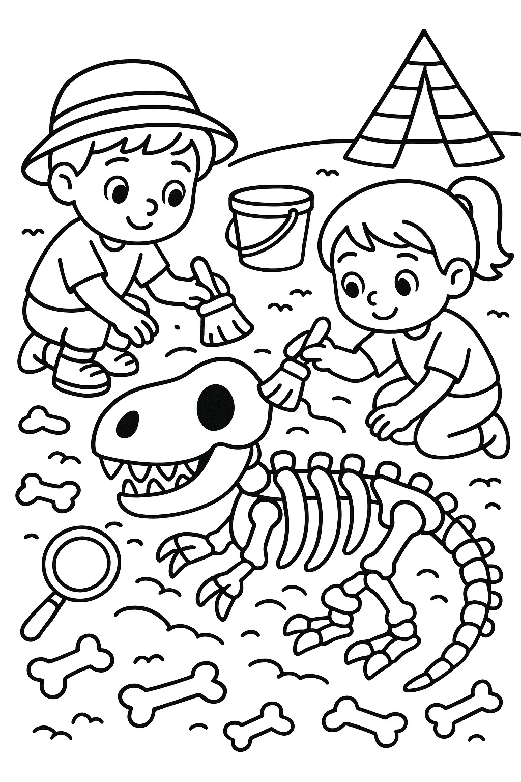 Two kids digging up a dinosaur skeleton at a fossil dig