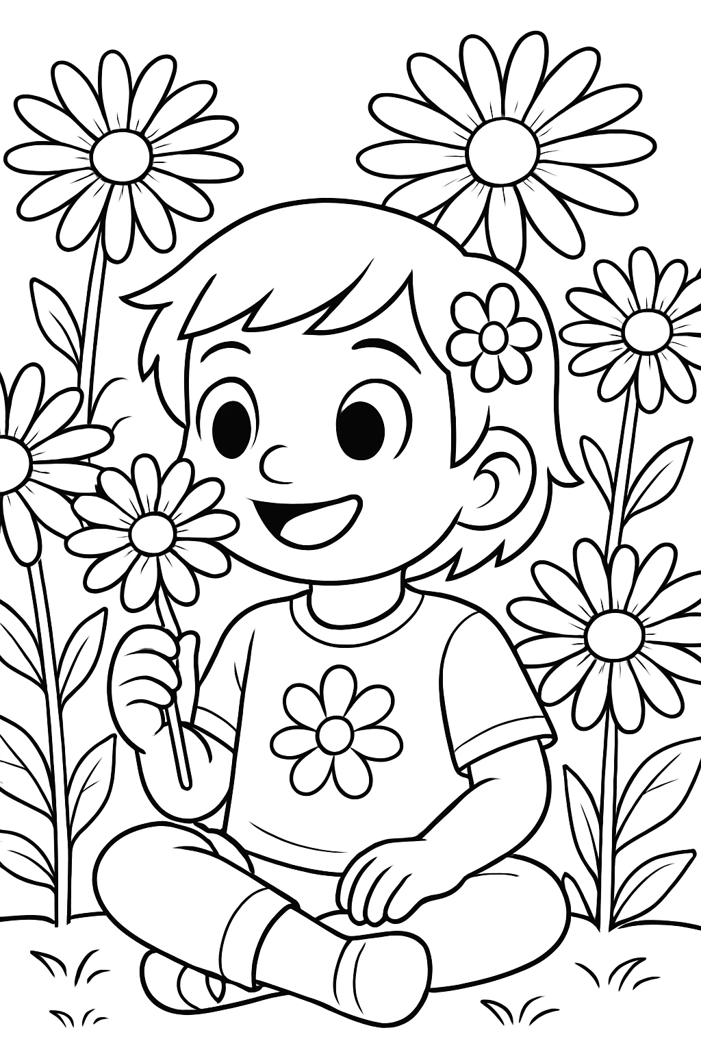 Mae sitting in a field of daisies, holding a flower and smiling