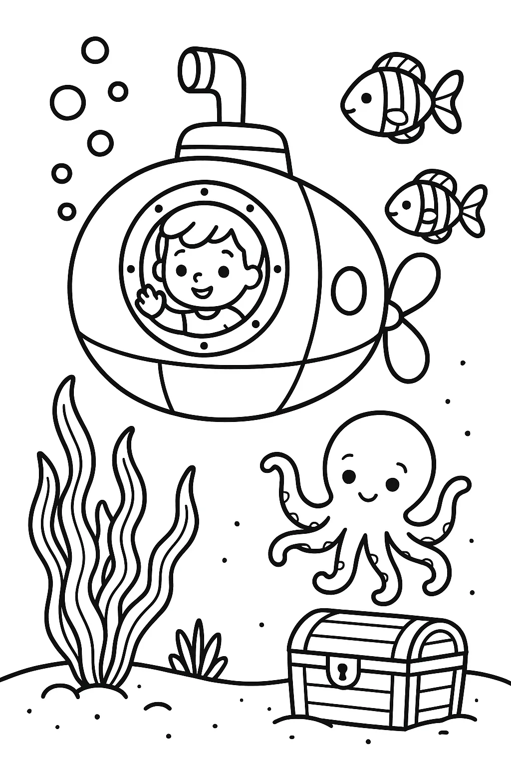 A kid piloting a submarine through the deep sea with an octopus and fish