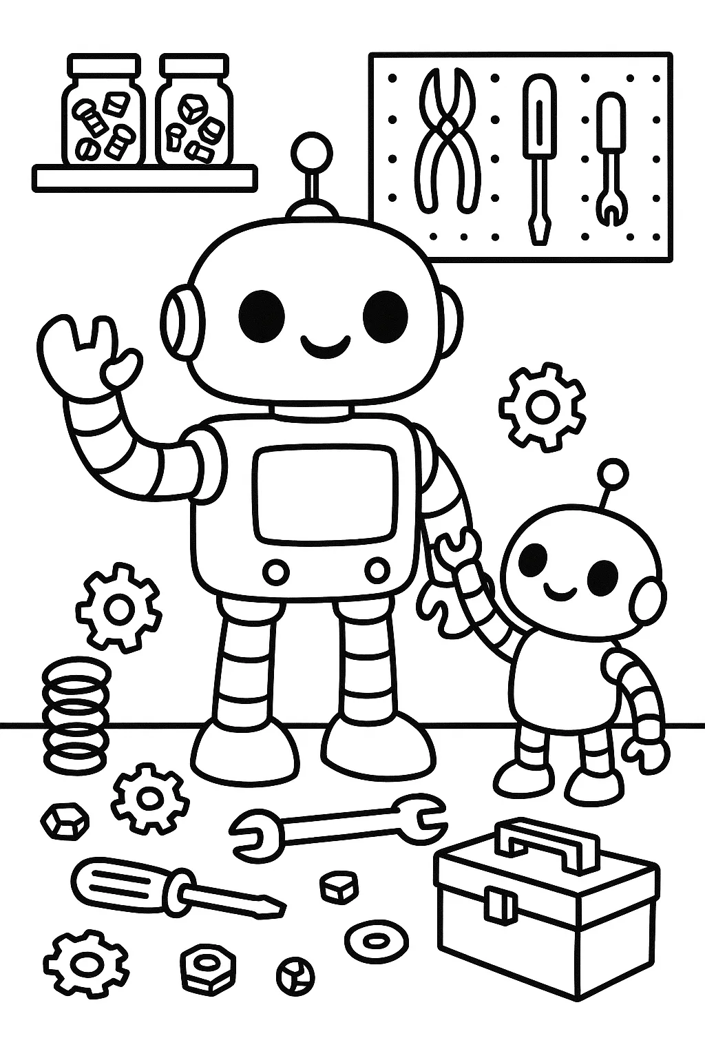 A friendly robot and a helper robot in a workshop with gears and tools