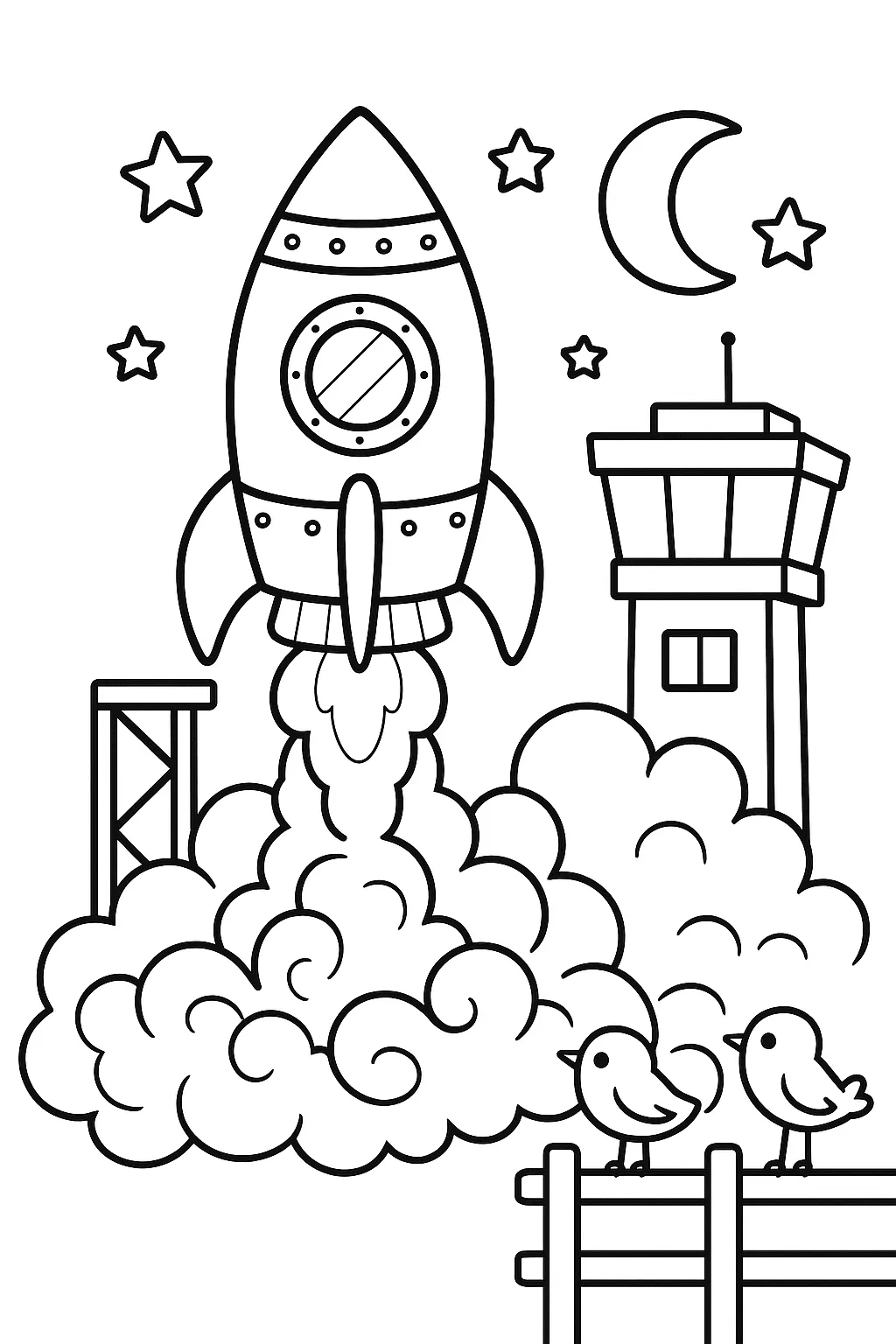 Rocket launching from a launch pad with smoke clouds and a control tower