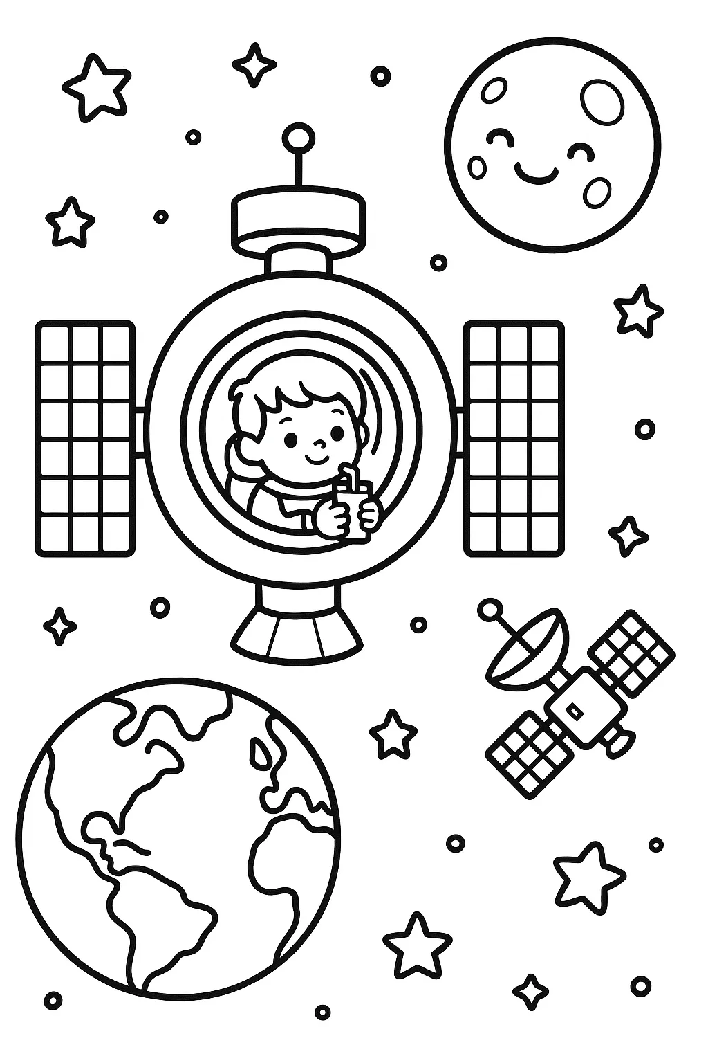An astronaut kid on a space station orbiting Earth