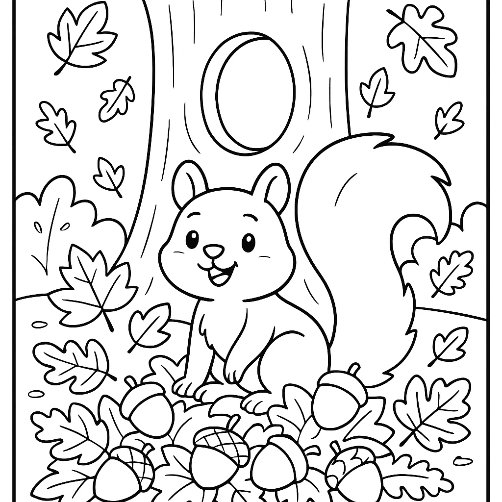 Squirrel with acorns coloring page