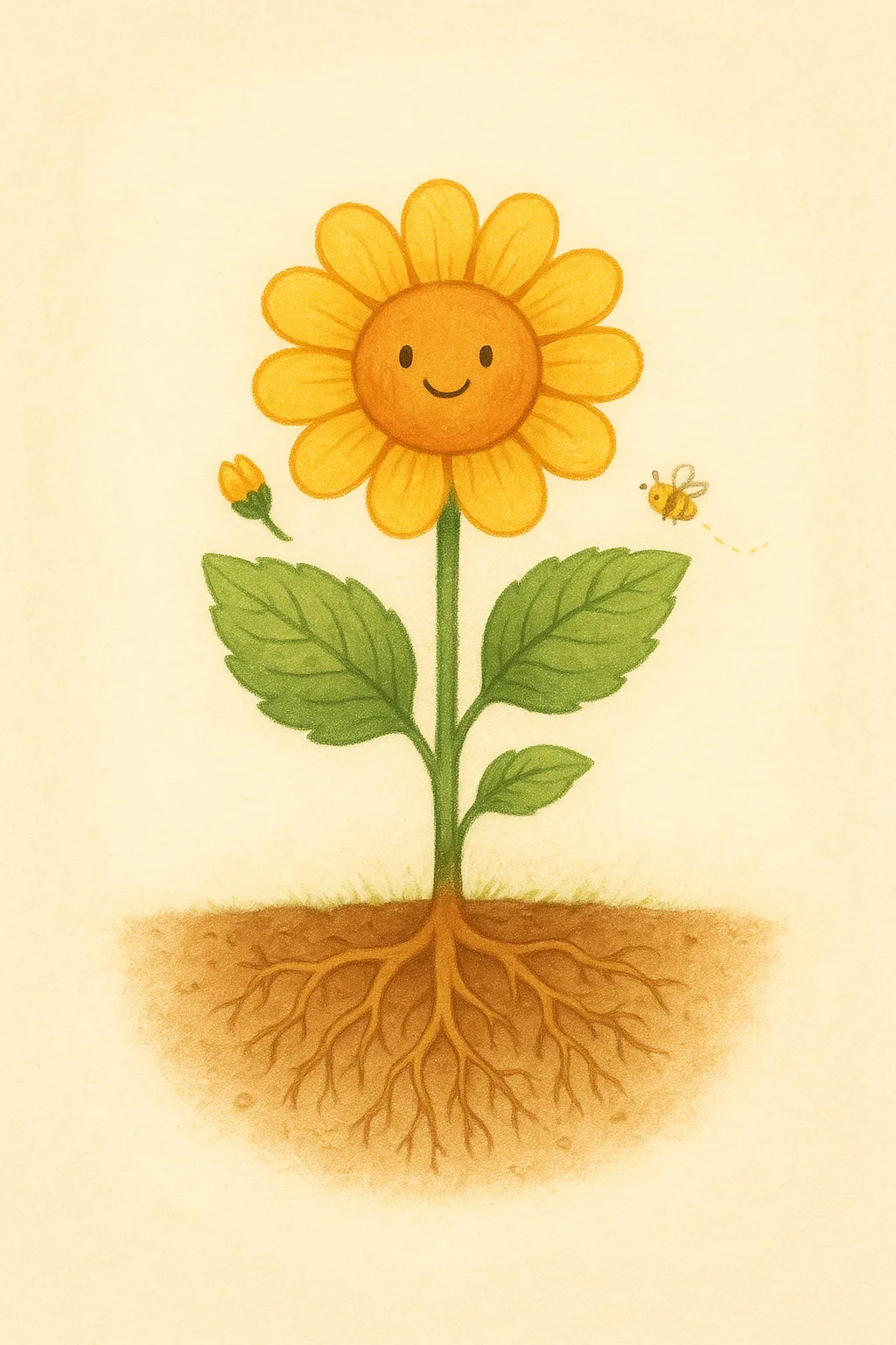 A plant showing its flower, leaf, stem, and roots