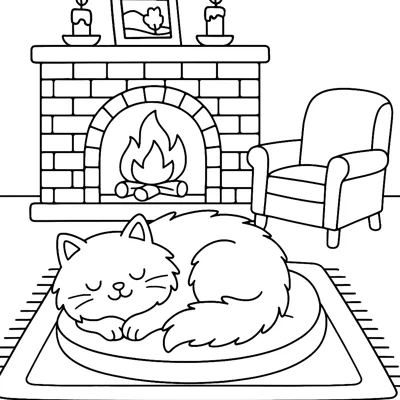 Cozy Cat by the Fire coloring page